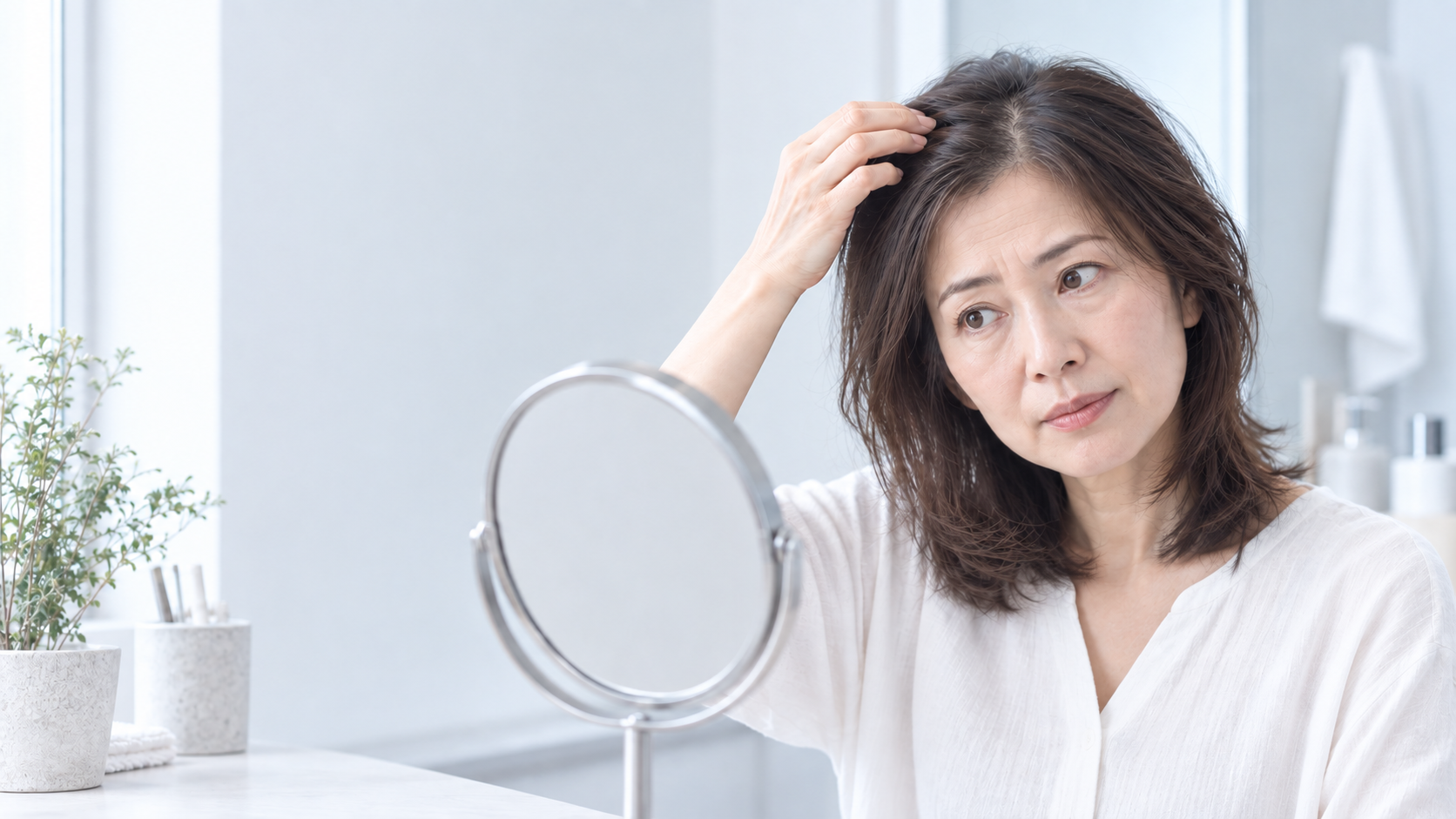 鏡を見ながら髪の変化を確認する女性